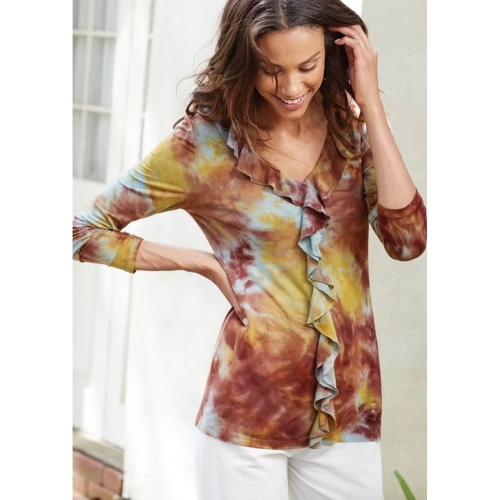 Soft Surroundings Tie Dye Ruffle V-Neck Long Sleeve Top Brown Yellow XL 2BN20